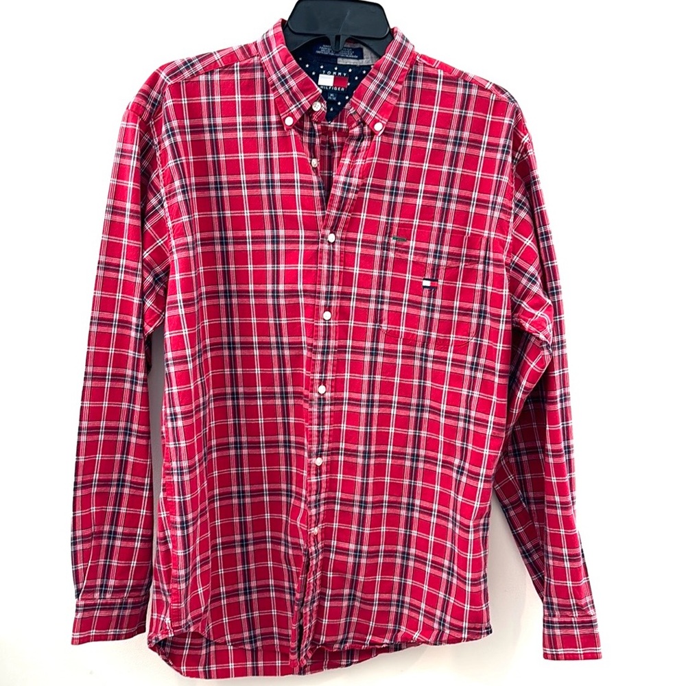 Men’s Tommy Hilfiger Red Blue Plaid Button Down Shirt Size XL